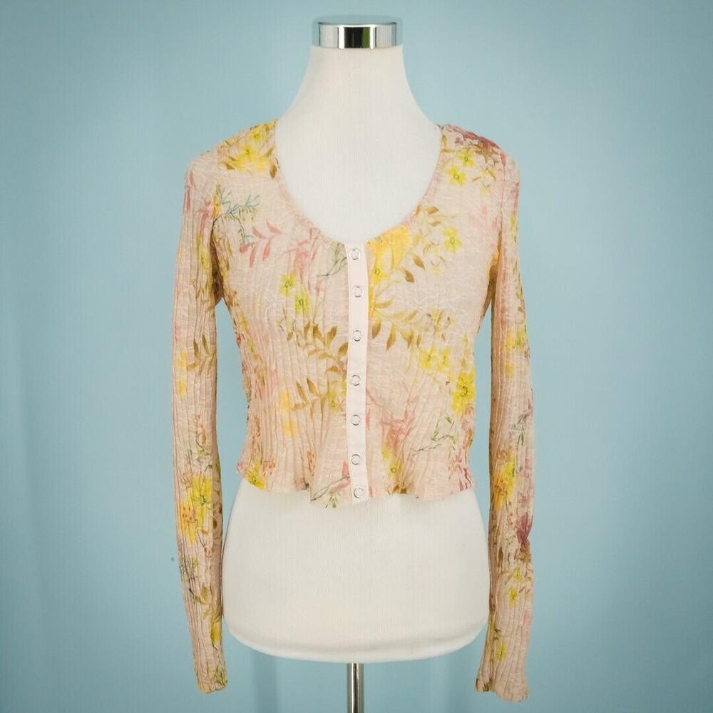 Free People Size Medium M Pink Angelina Lace Mesh Floral Print Long Sleeve Top